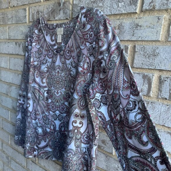 Chico's Long Sleeve V-Neck Cotton Blend Paisley Blouse Size 2 (L). - Picture 7 of 8